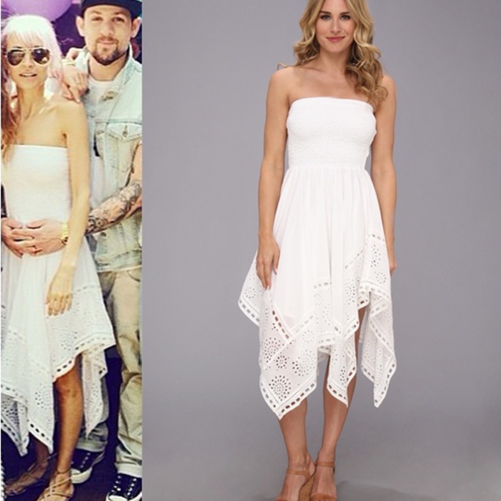 Michael Kors white strapless boho asymmetrical eyelet lace midi dress - Picture 1 of 9